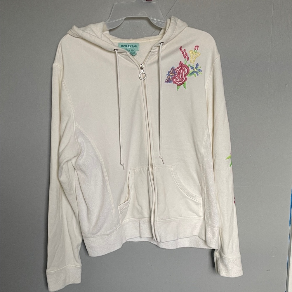 Silverwear L embroidered floral full zip hoodie grandma coastal cozy cottage